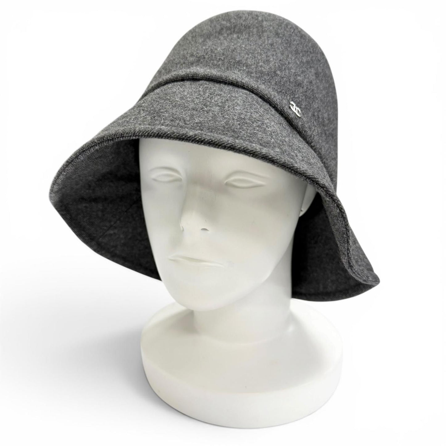 Chanel Cashmere Wool CC Logo Lame Thread Bucket Hat Gray Silver