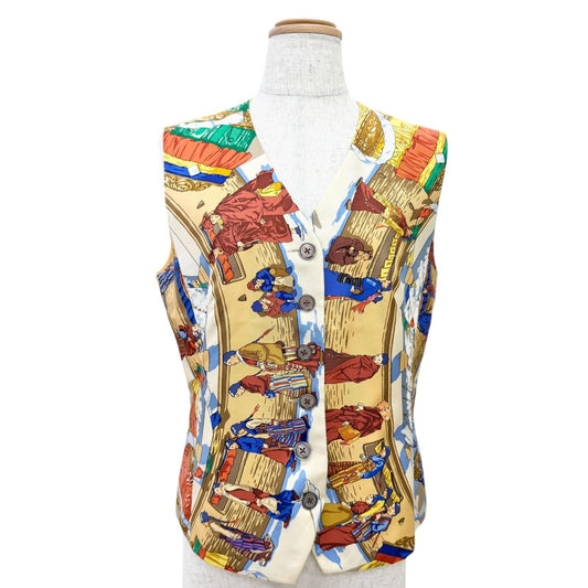 Hermes Vintage Silk 100% Prieres AU Vent Prayer in the Wind Logo Button Gilet