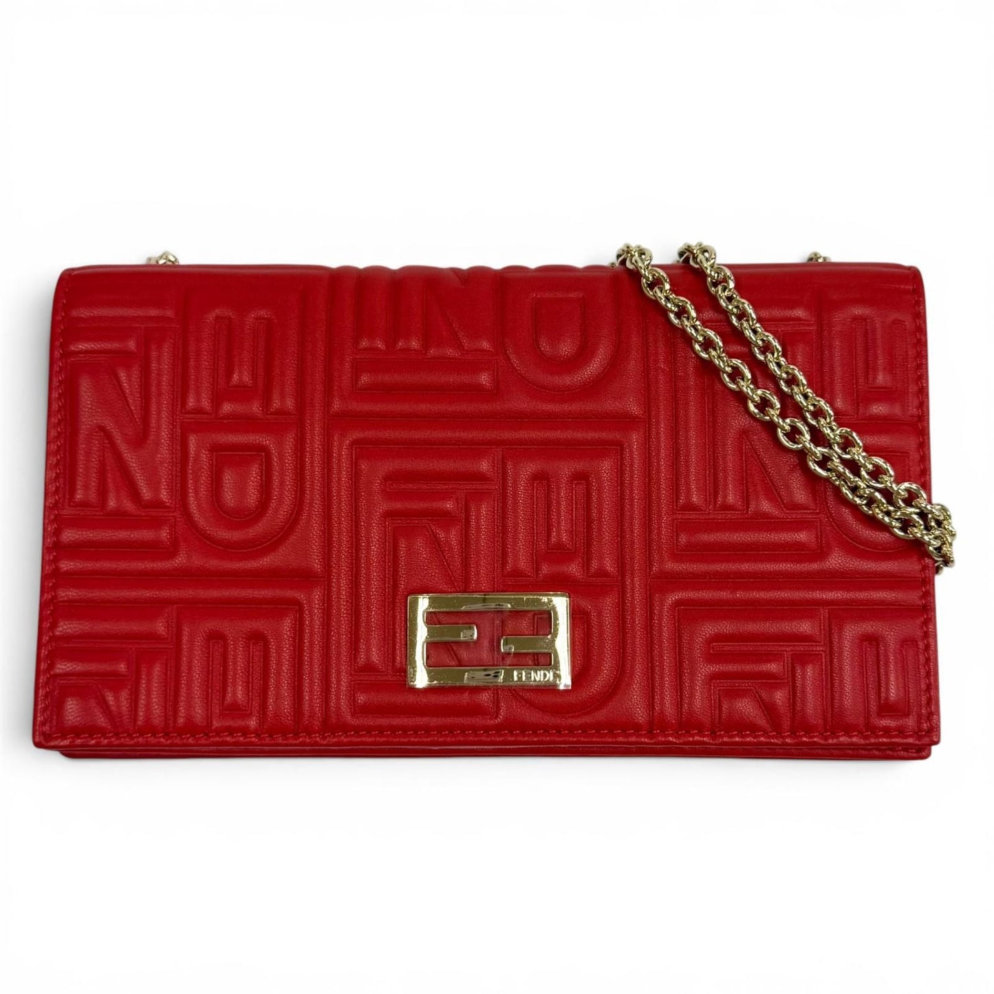 Fendi FF Embossed Logo Leather Chain Wallet Red Gold Shoulder