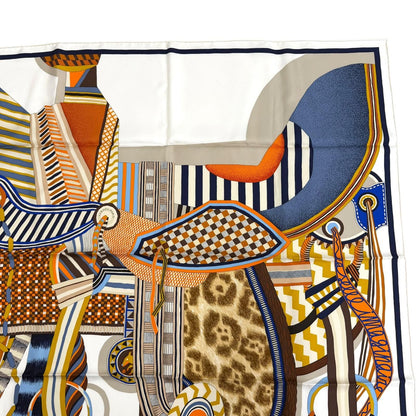 Hermes Carre 90 la Selle Imaginaire Silk 100% Blanc Bleu Brun Scarf — view 4