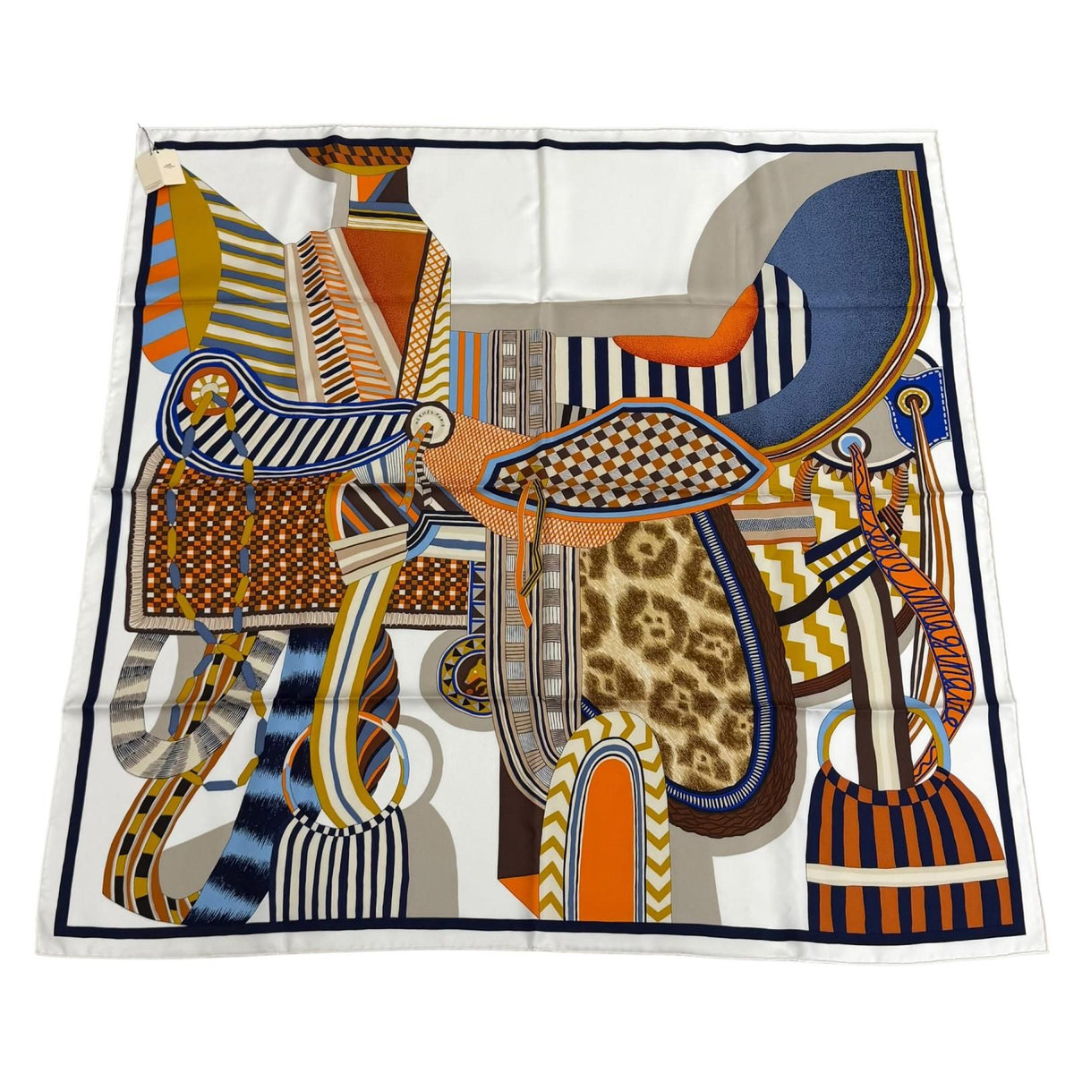 Hermes Carre 90 la Selle Imaginaire 100% Silk Blanc Bleu Brun Scarf