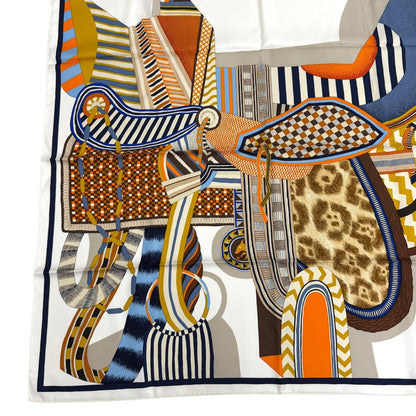 Hermes Carre 90 la Selle Imaginaire Silk 100% Blanc Bleu Brun Scarf — view 6