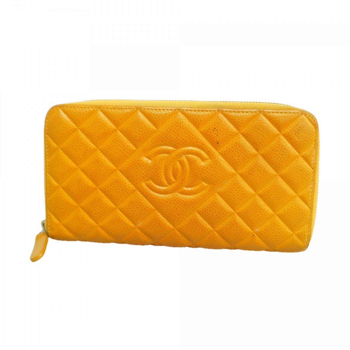 Chanel Wallet Quilted Caviar Leather Orange Silver