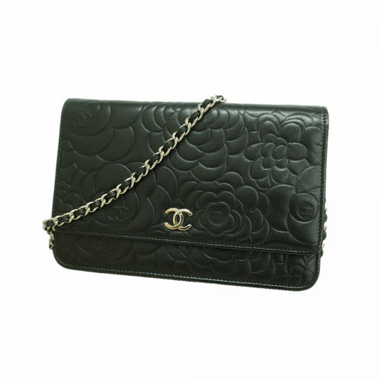 Chanel Shoulder Bag Camellia Lambskin Black Silver