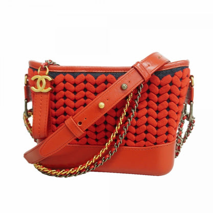 Chanel Shoulder Bag Knit Fabric Red Gold Silver
