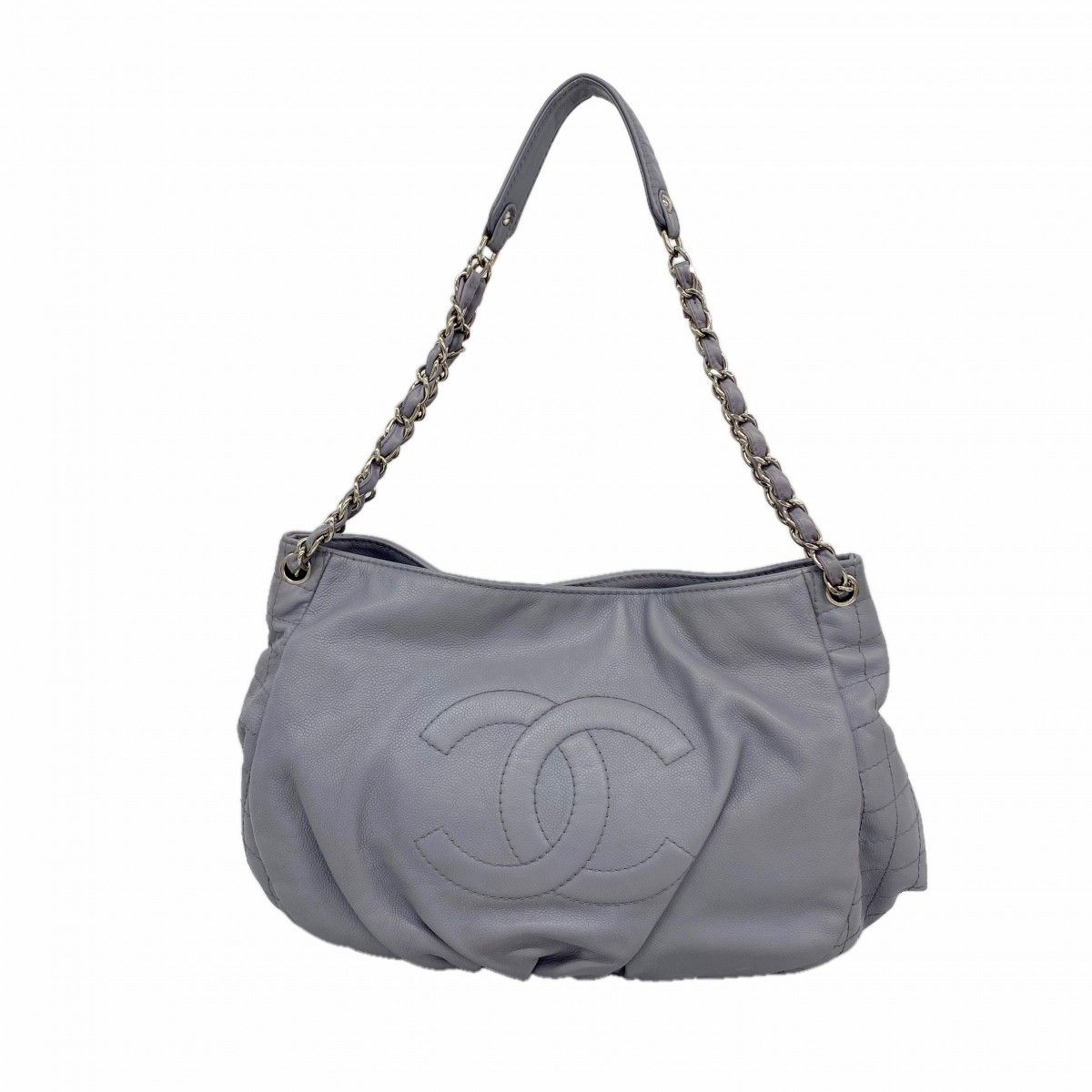 Chanel Chain Tote Quilted Caviar Leather Blue Gray Silver