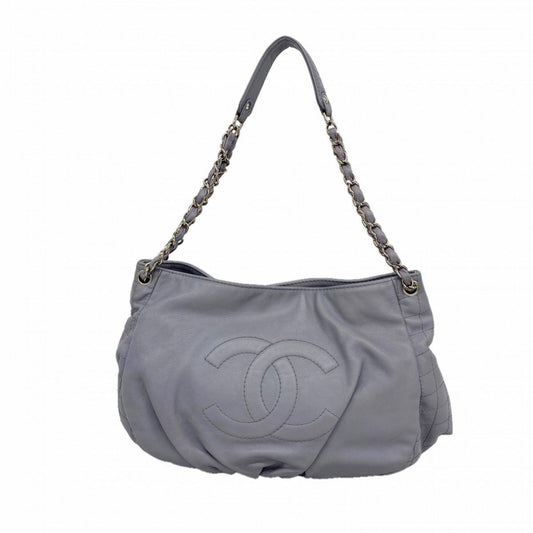 Chanel Chain Tote Quilted Caviar Leather Blue Gray Silver