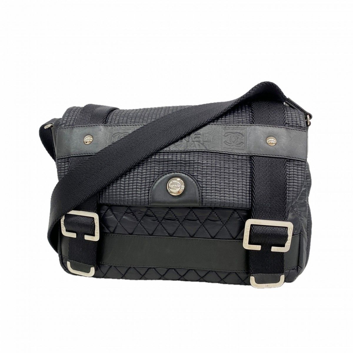 Chanel Shoulder Bag Nylon Black Silver