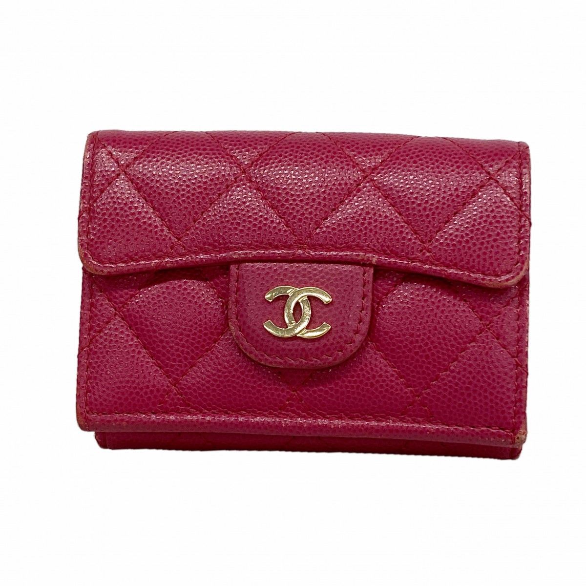 Chanel Trifold Wallet Quilted Caviar Leather Pink Gold