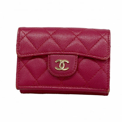 Chanel Trifold Wallet Quilted Caviar Leather Pink Gold