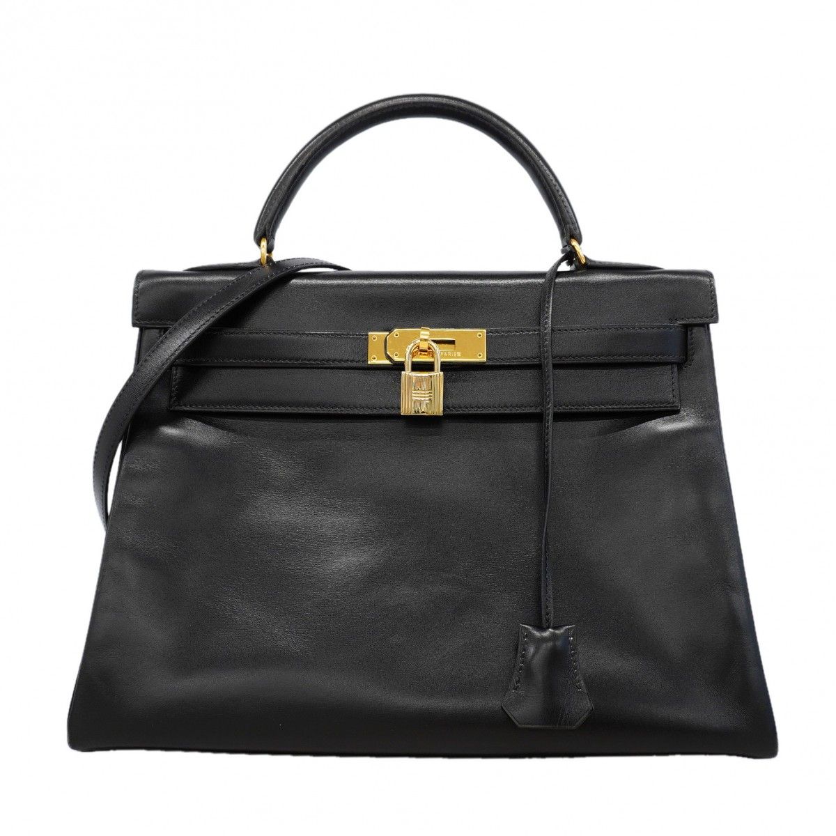 Hermes Handbag Kelly 32 Box Calf Black Gold 2-Way