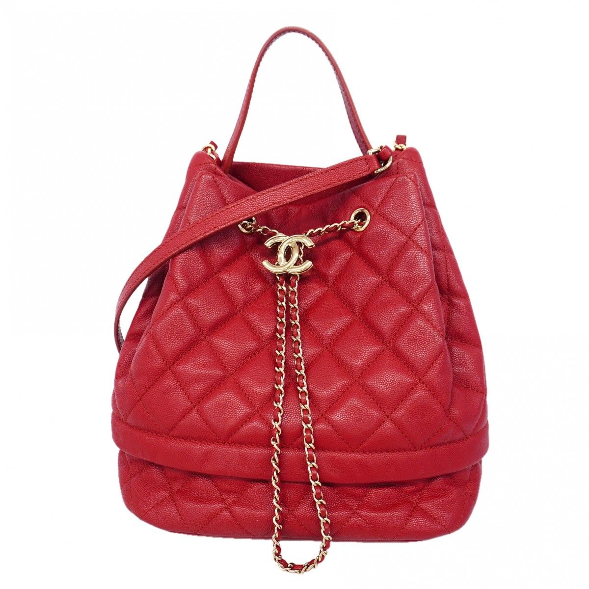 Chanel Handbag Quilted Caviar Leather Red Chien Panning Gold 2-Way