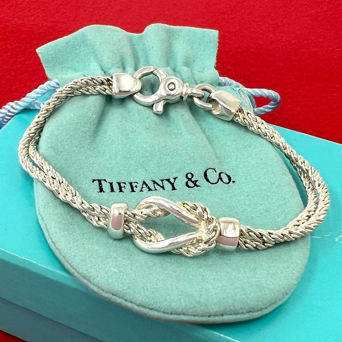 Tiffany & Co Bag Vintage Double Rope Center Knot Bracelet 925 Sterling Silver