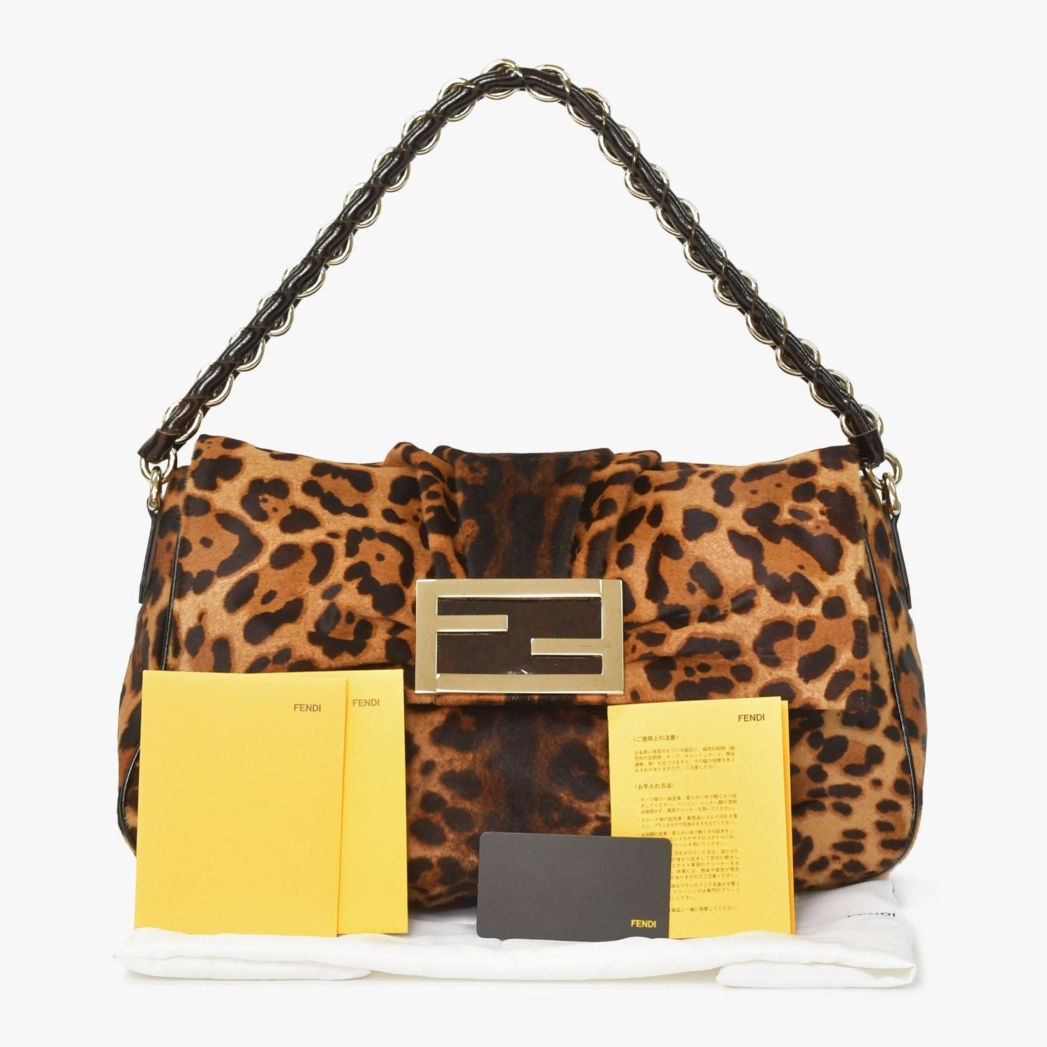 Fendi Shoulder Bag Mamma Baguette Silver Leopard Leather Calf Hair