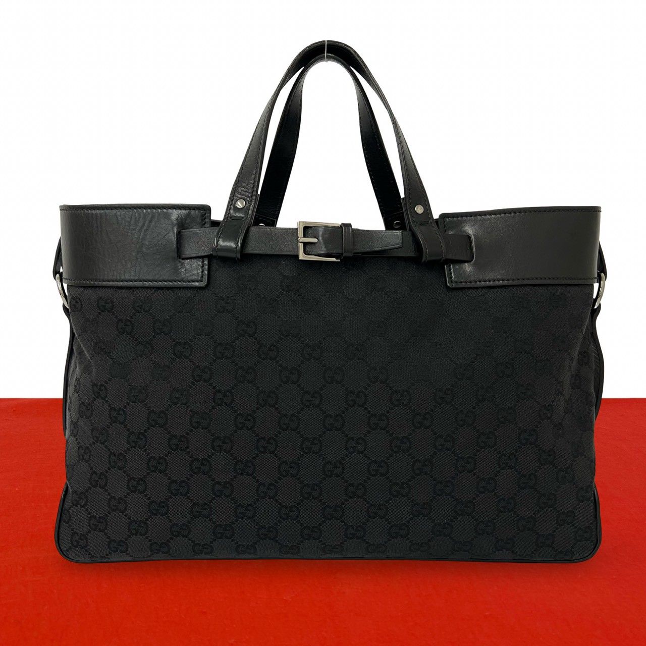 Gucci GG Logo Pattern Canvas Leather Tote Boston Bag Black