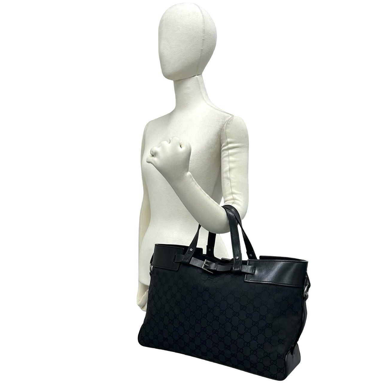 Gucci GG Logo Pattern Canvas Leather Tote Boston Bag Black — view 2