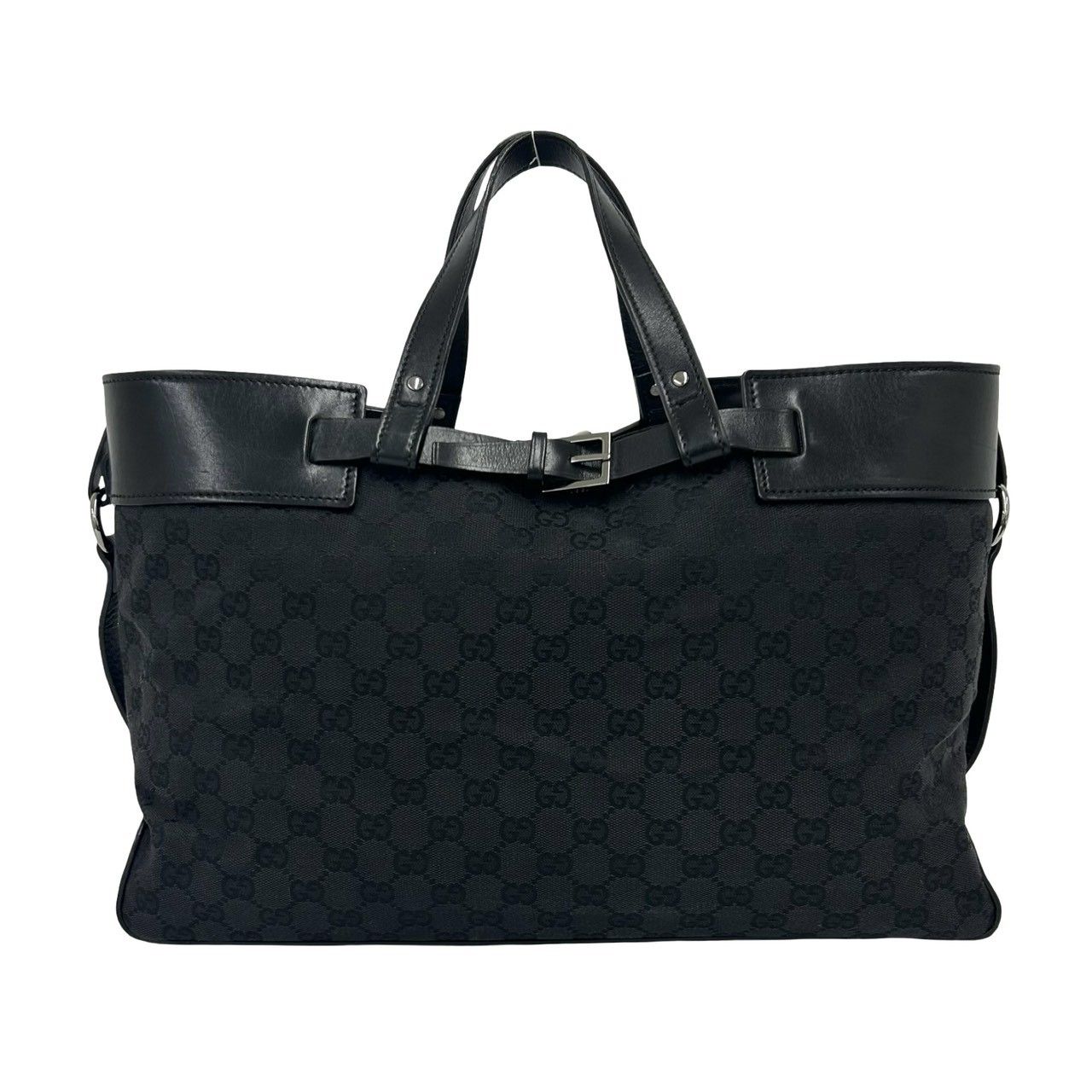 Gucci GG Logo Pattern Canvas Leather Tote Boston Bag Black — view 3