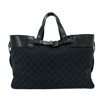 Gucci GG Logo Pattern Canvas Leather Tote Boston Bag Black — view 3