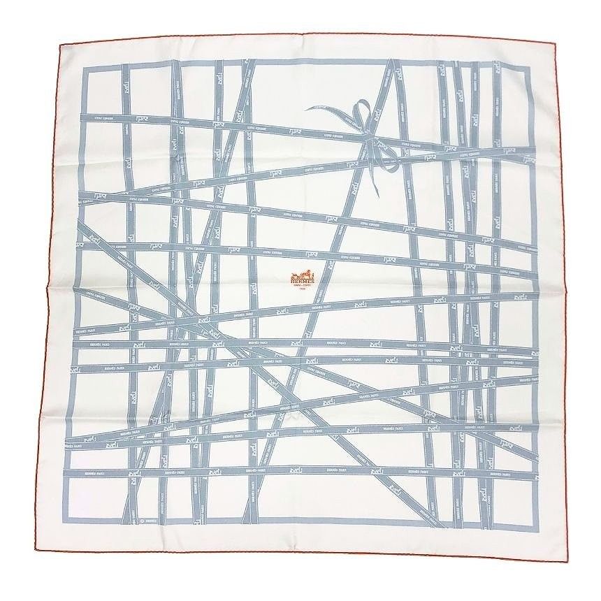 Hermes Super Carre 90 Scarf Bolduc Ribbon Pattern White Ginza Silk 100% New