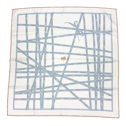 Hermes Super Carre 90 Scarf Bolduc Ribbon Pattern White Ginza Silk 100% New