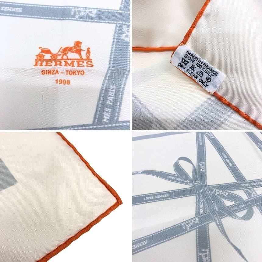 Hermes Super Carre 90 Scarf Bolduc Ribbon Pattern White Ginza Silk 100% New — view 3