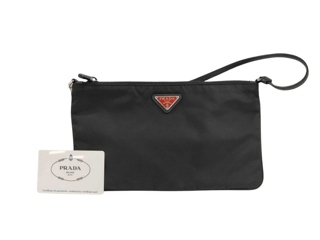 Prada Clutch Triangle Logo Black Nylon White Tag Silver