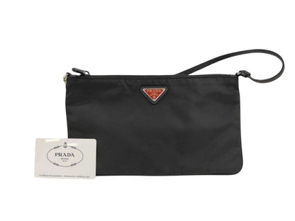 Prada Clutch Triangle Logo Black Nylon White Tag Silver
