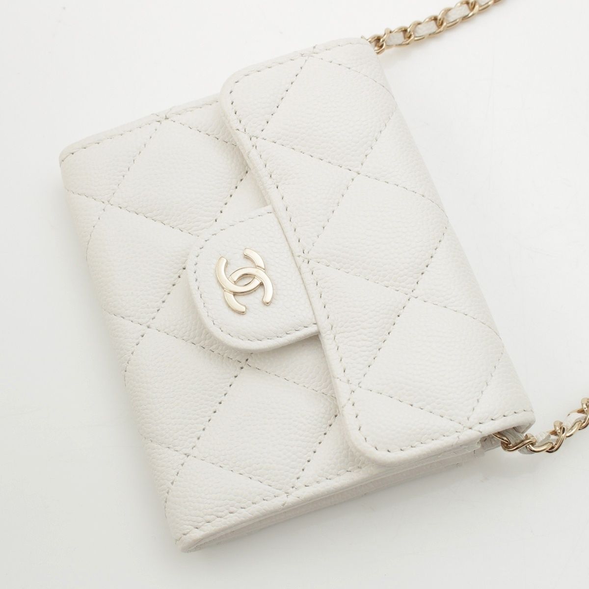Chanel Caviar Leather Quilted CC Logo Mini Chain Wallet Card Case White — view 3