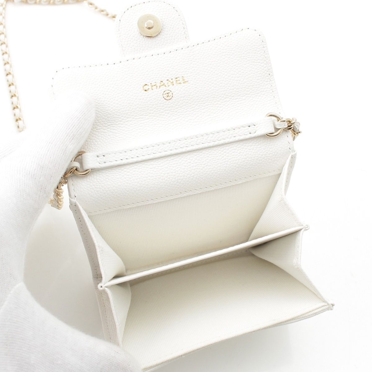 Chanel Caviar Leather Quilted CC Logo Mini Chain Wallet Card Case White — view 5
