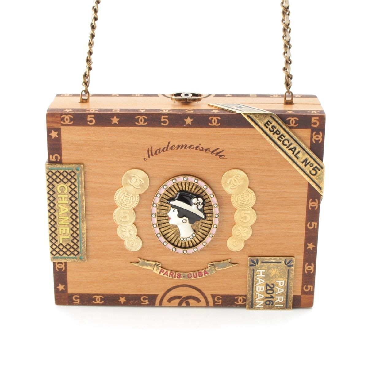 Chanel Cuba Collection Habana Night Cigar Box Wood Icon Chain Shoulder Bag Beige