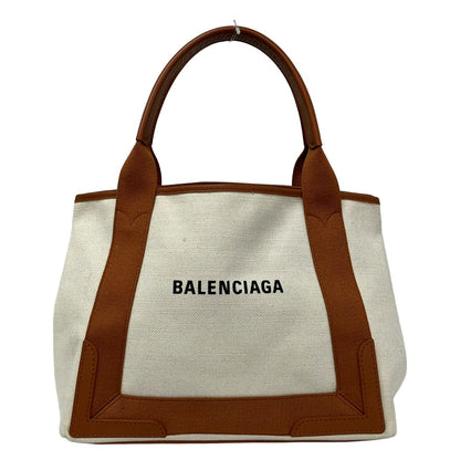 Balenciaga Tote Navy Cabas S White Brown Leather