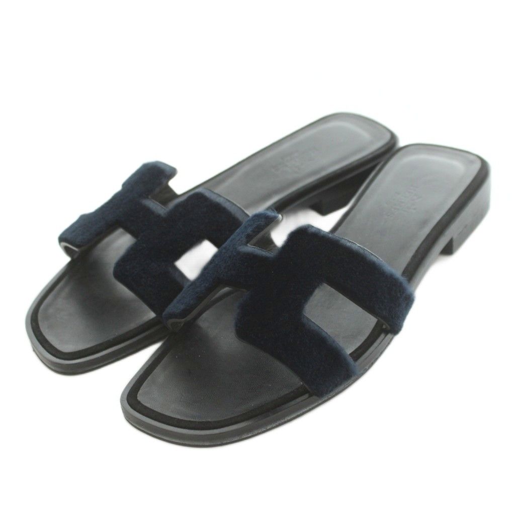 Hermes Oran Sandals Leather Velvet Black 37