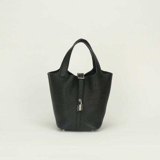 Hermes Picotin Lock PM 18 Tote Taurillon Clemence Noir Black Silver Handbag
