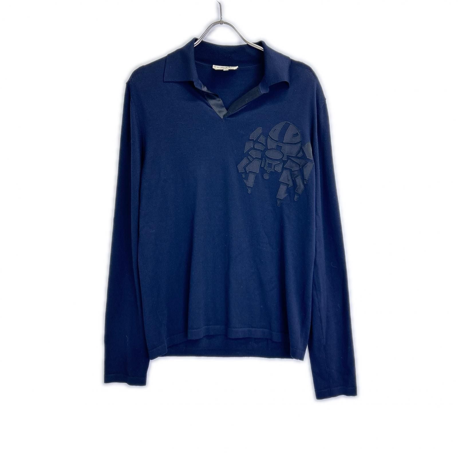 Hermes Navy Robot L S Knit Polo Sweater