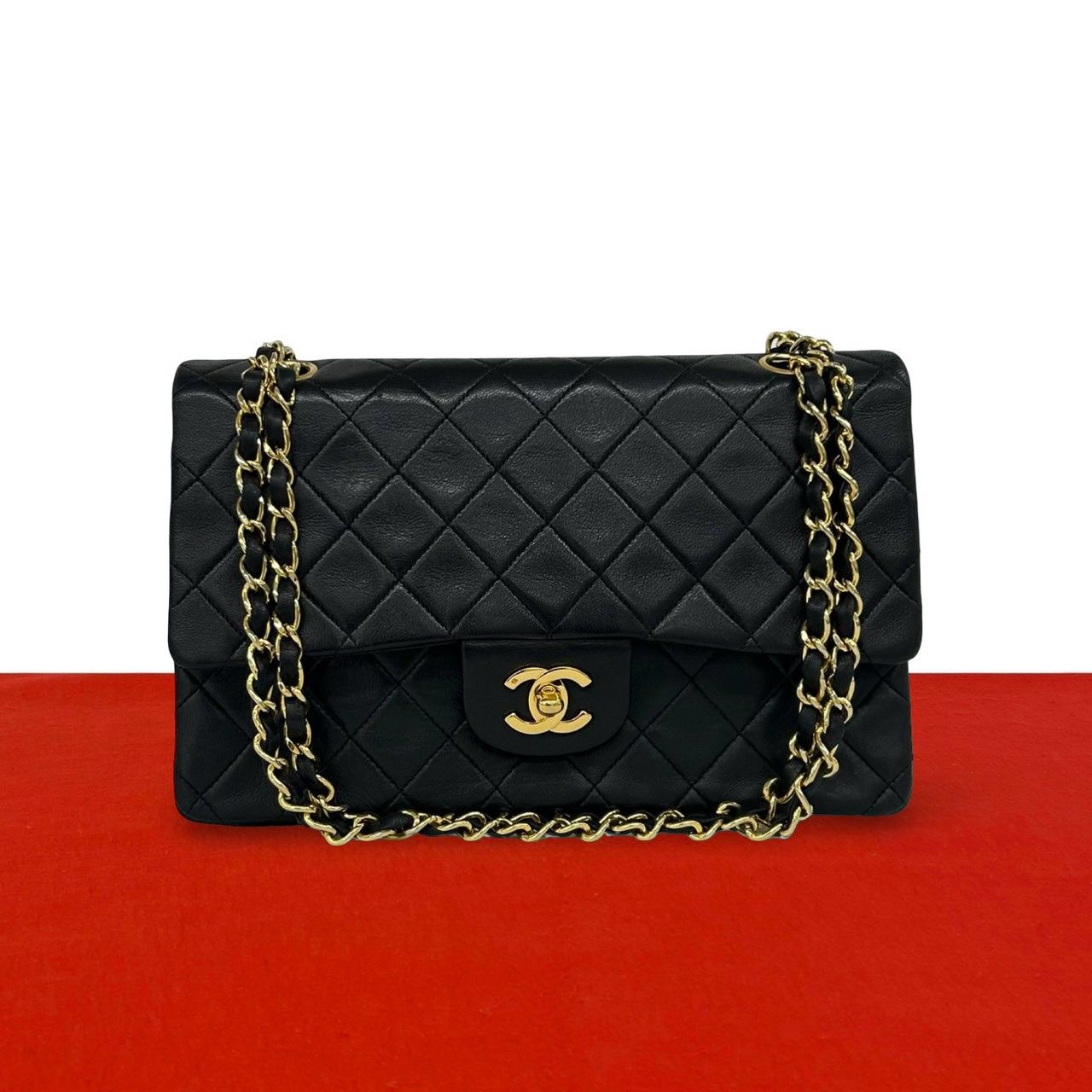 Chanel Vintage Quilted CC Logo Double Flap Lambskin Shoulder Bag Black