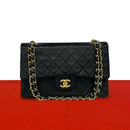 Chanel Vintage Quilted CC Logo Double Flap Lambskin Shoulder Bag Black