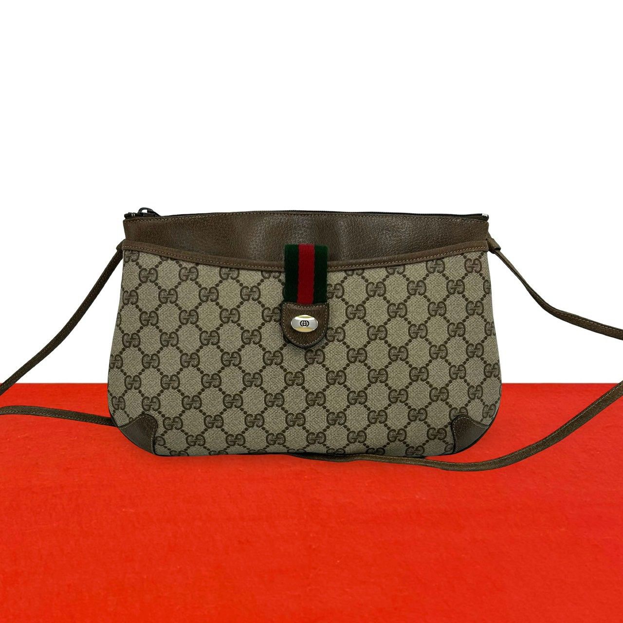 Gucci Vintage Sherry Line GG Logo Leather Shoulder Bag Brown