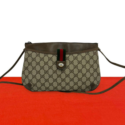 Gucci Vintage Sherry Line GG Logo Leather Shoulder Bag Brown