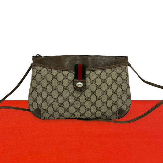 Gucci Vintage Sherry Line GG Logo Leather Shoulder Bag Brown