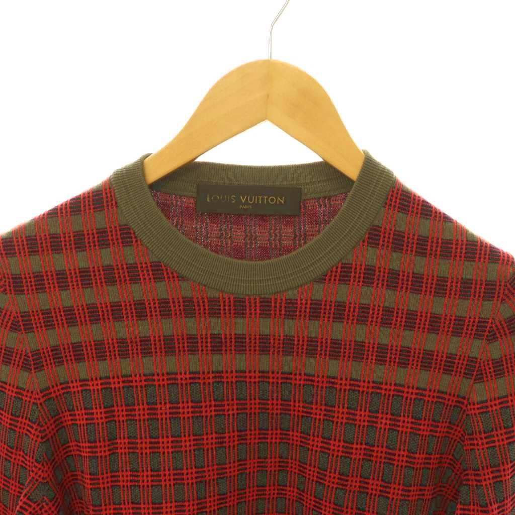 Louis Vuitton Leather Patch Wool Check Crewneck Knit Sweater Pullover S Khaki — view 3