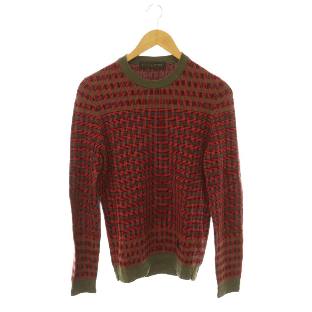 Louis Vuitton Leather Patch Wool Check Crewneck Knit Sweater Pullover S Khaki