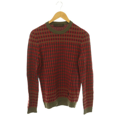 Louis Vuitton Leather Patch Wool Check Crewneck Knit Sweater Pullover S Khaki
