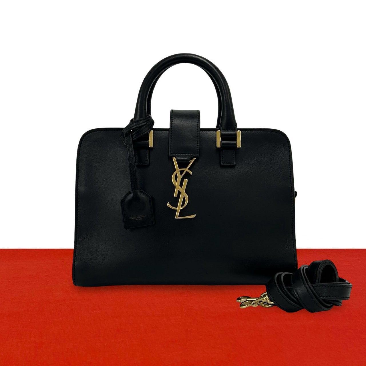 Saint Laurent Paris Baby Cabas YSL Logo Leather 2-Way Shoulder Bag Black