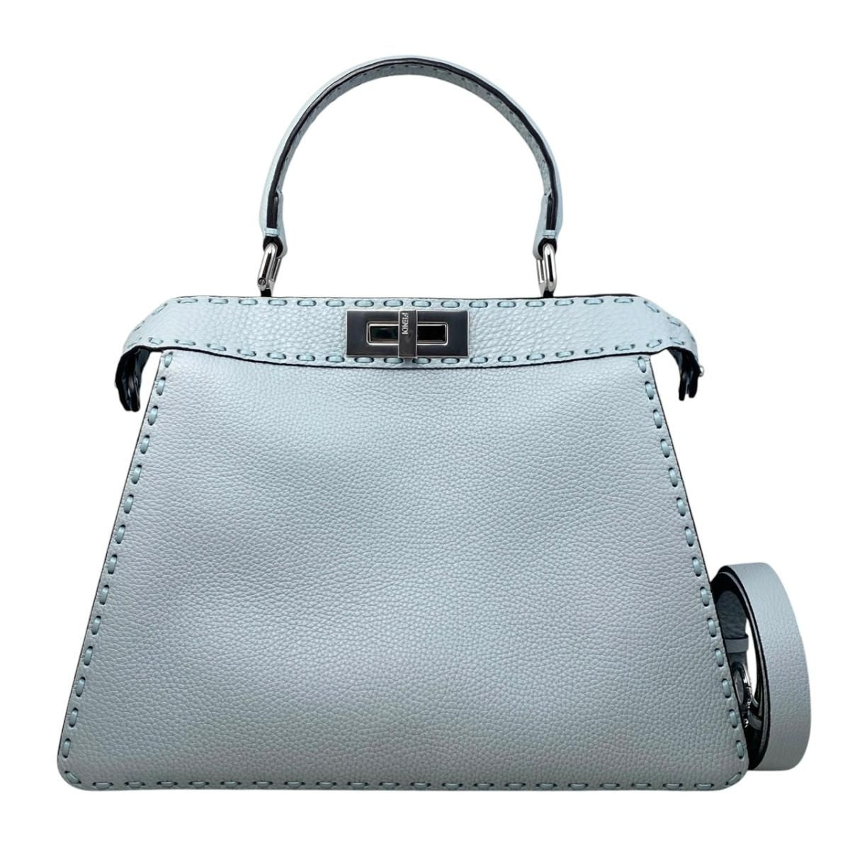 Fendi Tote Shoulder Bag Peekaboo Arbb Leather Selleria Blue Silver ISeeU
