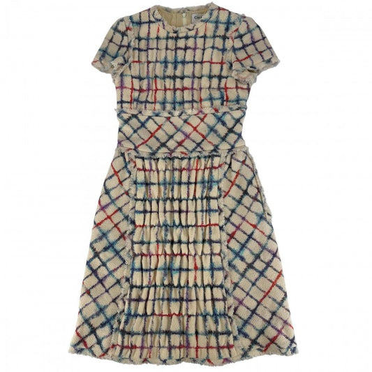 Chanel Dress Tweed Check Coco Button Short Sleeve 34 Beige Multicolor Wool