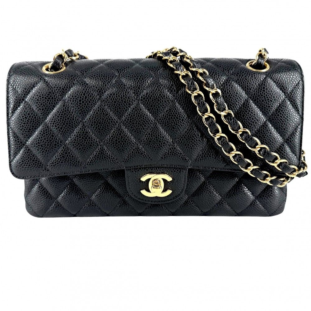 Chanel Shoulder Bag Quilted 25 Double Chain CC Logo Flap Crossbody Caviar
