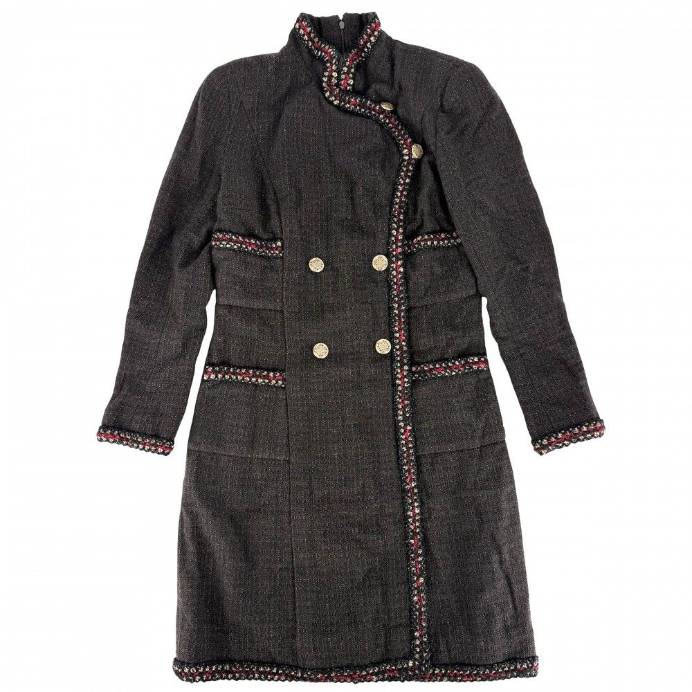 Chanel Dress Tweed Stand Color Long Sleeve 36 Brown Gold Fall Winter