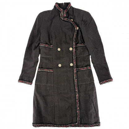 Chanel Dress Tweed Stand Color Long Sleeve 36 Brown Gold Fall Winter