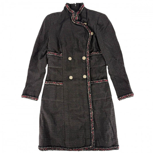 Chanel Dress Tweed Stand Color Long Sleeve 36 Brown Gold Fall Winter
