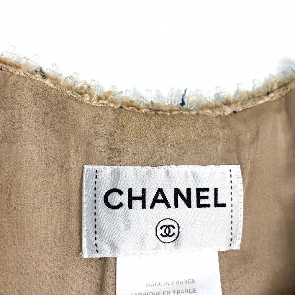 Chanel Dress Tweed Sleeveless CC Logo 36 Beige Navy Blue Spring Summer — view 5
